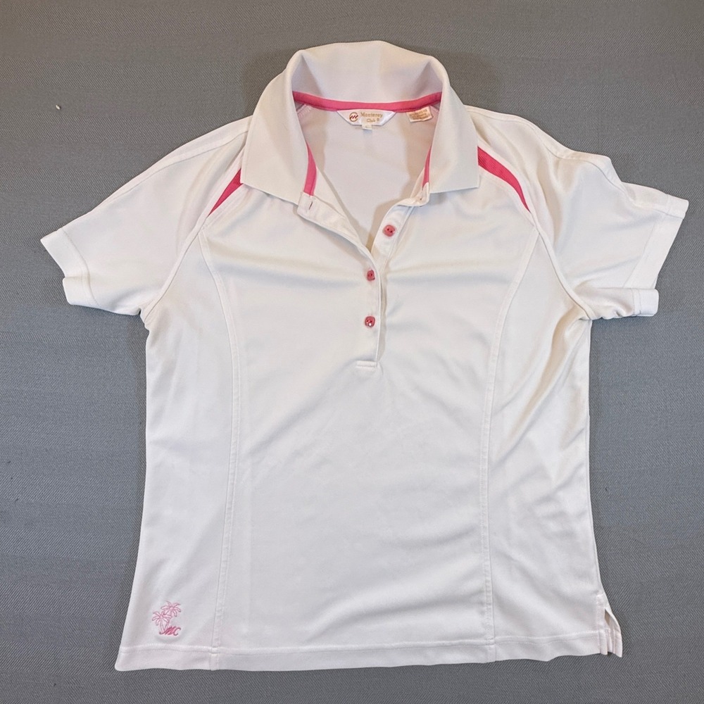 Monterey Club Womens White Pink Palm Tree Golf Polo Shirt Size Large S/S 2315